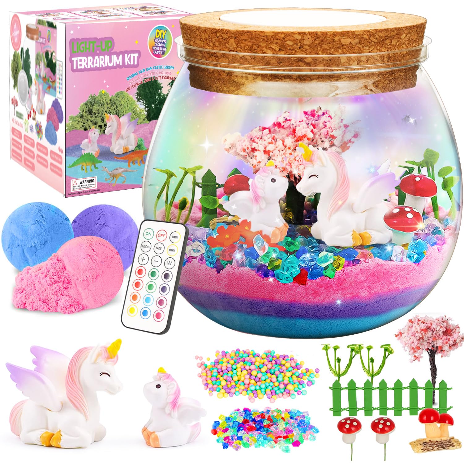 Unicorn Toys Kids Terrarium Kit With Led Night Light & Remote Diy Arts And Crafts Science Kits Dinosaur Toys For Girls Boys 4 5 6 7 8 9 10 11 12 13 Year Old Birthday Christmas Gifts