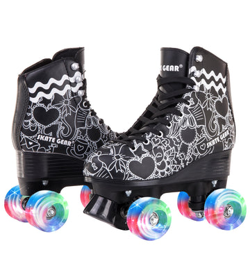Skate Gear Extra Support Quad Roller Skates For Kids And Adults (Graphic Black W Led, Youth 1)