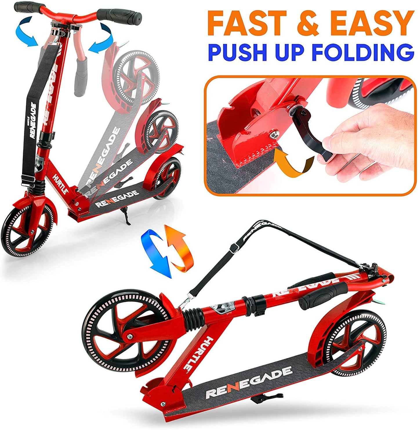 Hurtle Scooter - Scooter for Teenager - Kick Scooter - 2 Wheel Scooter with Adjustable T-Bar Handlebar - Folding mature-themed Kick Scooter with Alloy Anti-Slip Deck -Scooter with 8  Smooth Gliding Wheels Red