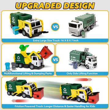 JOYIN Large Friction Powered Garbage Truck Toy Set, Includes Dumpster, Trash Bins, and Learning Cards for Kids