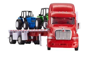 Wheel Master Diecast Model Toy Truck, Red Peterbilt 387 Flatbed Tractor Trailer with 2 Farm Tractors, Opening Doors, Interactive