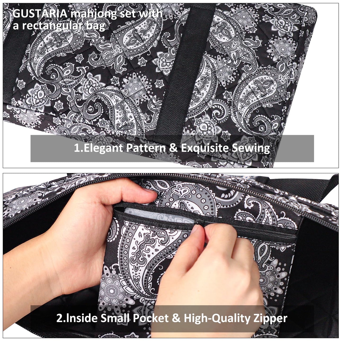 Gustaria American Mahjong Game Set, 166 Quality White Tiles, 4 All-In-One Color Rack/Pushers, Complete Mahongg Tile Set Black Printed Carrying Bag