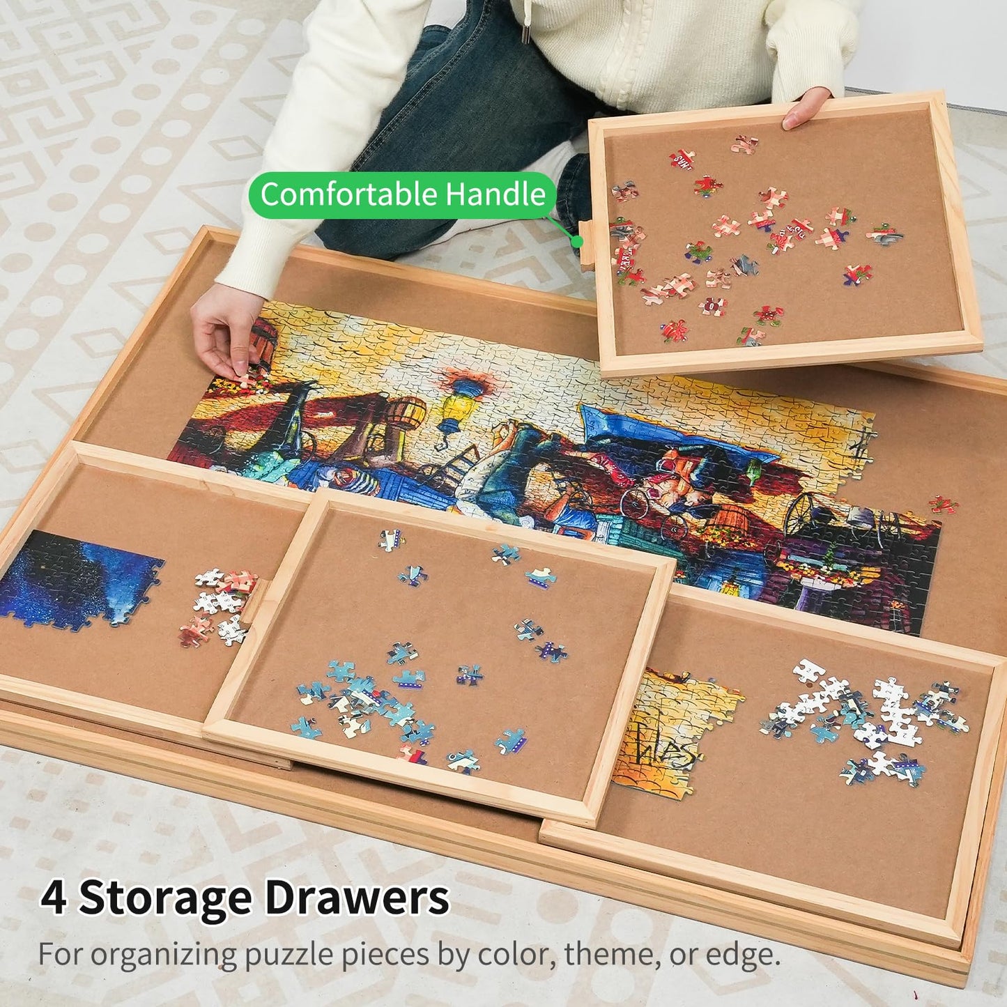 1500 Pieces Rotating Puzzle Board With 4 Drawers,34.25''X25.2'' Portable Wooden Jigsaw Puzzle Table With Lazy Susan Spinning Cov