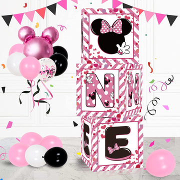 1St First Birthday Party Favors Balloon Boxes Supplies For Baby, Girls 3Pcs Pink Mouse Theme One Year Old Balloon Boxes, 'One' L