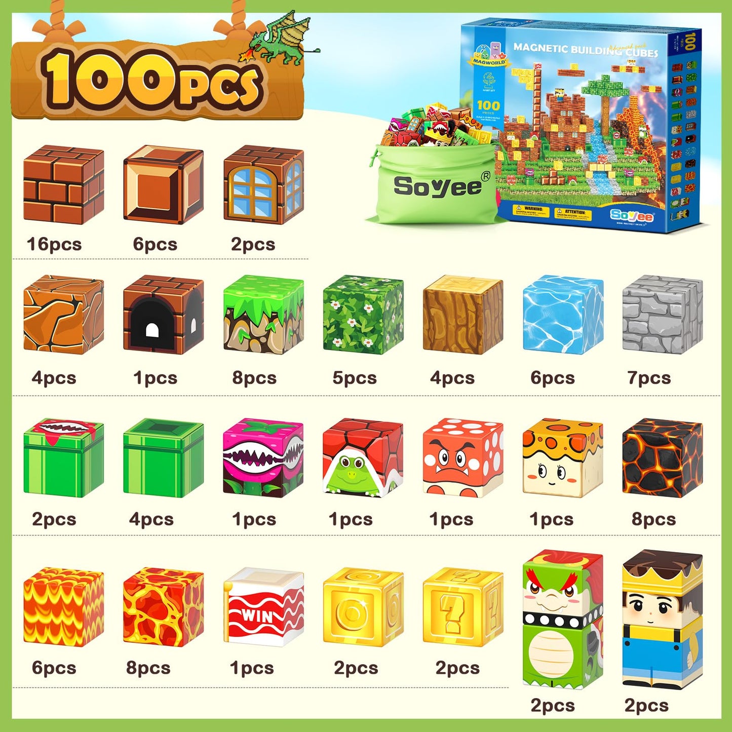 100Pcs Magnetic Blocks - Build Mine Magnet World Game Adventure Set Stem Building Toys For Kids 3+ Years Old 1 Magnetic Cubes Fo