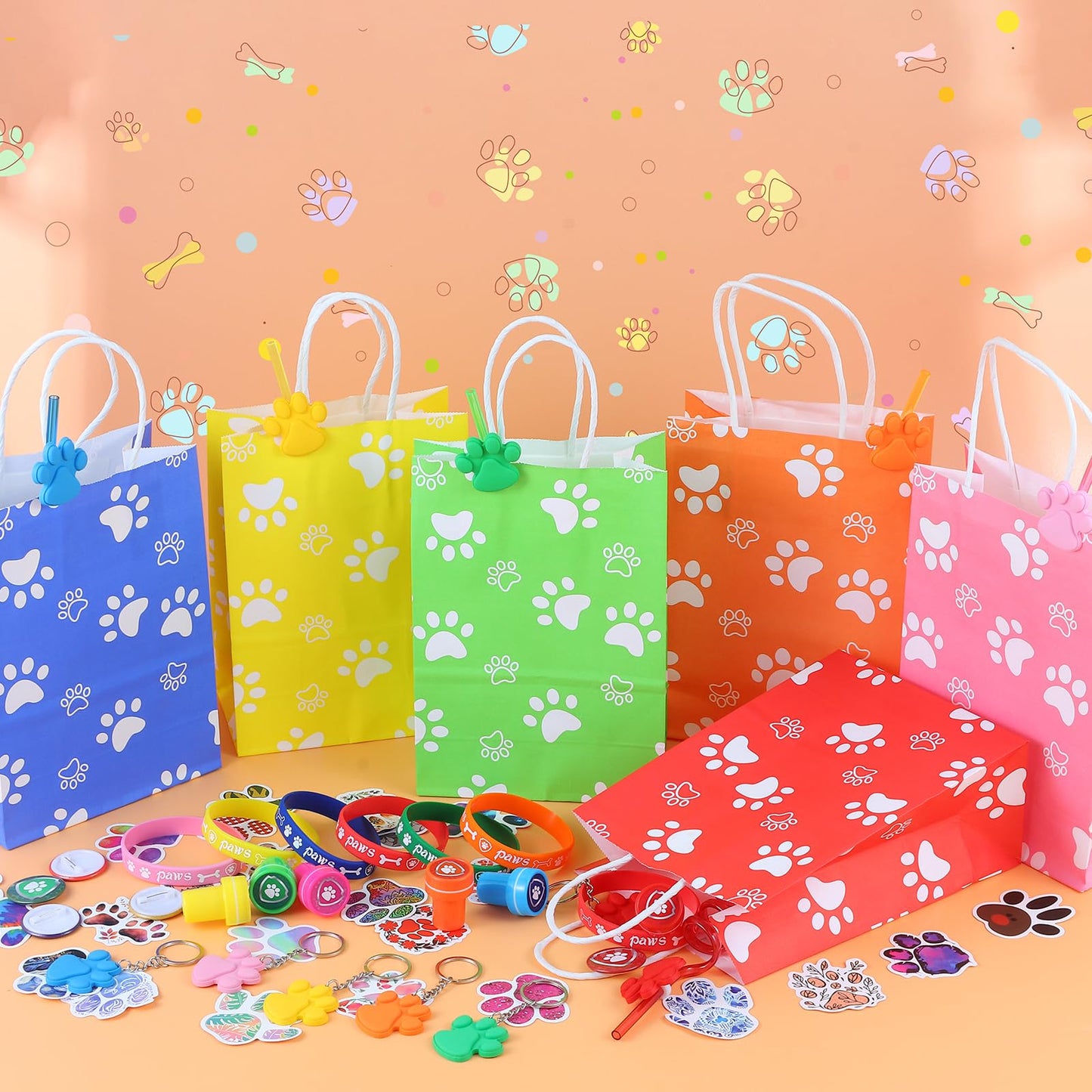 LiYiQ 122 Pcs Dog Paw Party Favors with Reusable Drinking Straws Paw Print Rubber Bracelets Keychains Stamps Dog Paw Button Pins