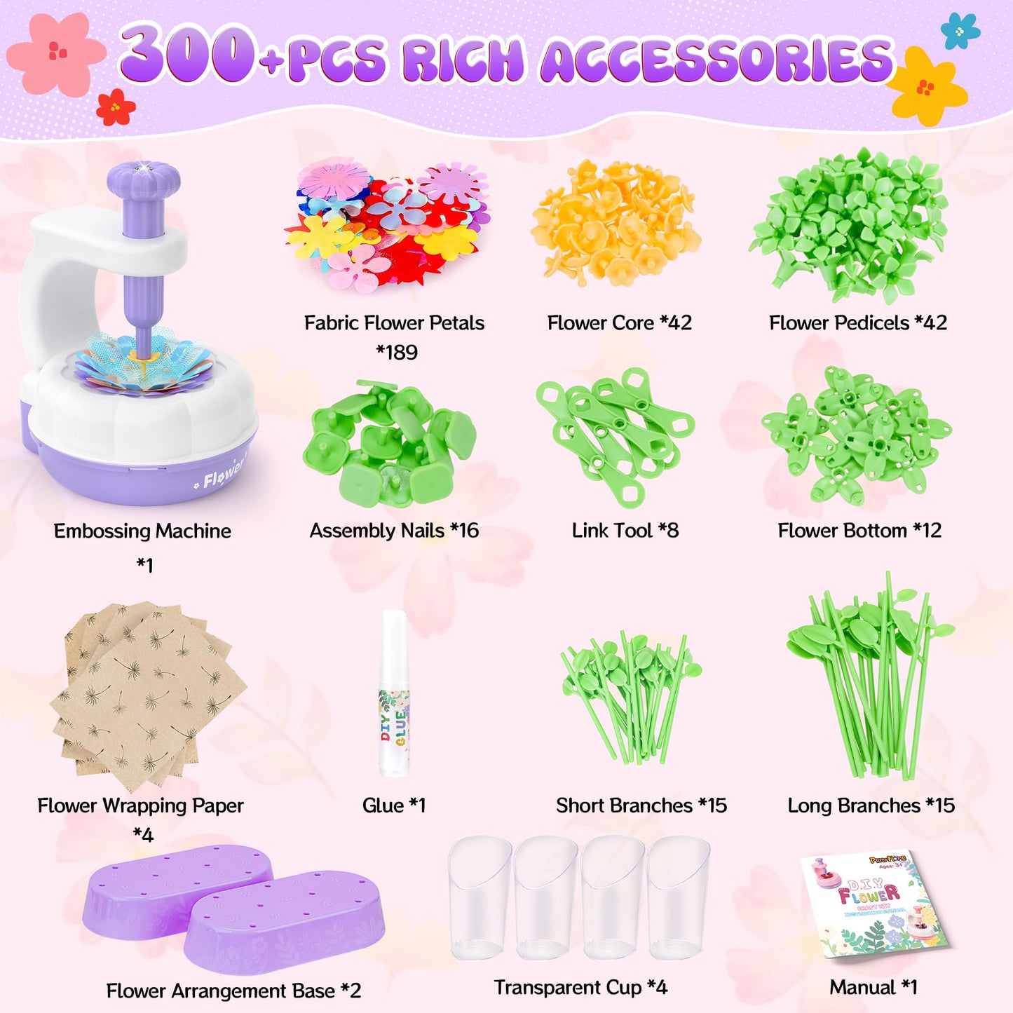 GirlsHome 300+PCS Fabric Flower Bouquets Toys, DIY Flower Crafts Kits for Kids, Arts and Crafts for Kids Ages 6-8 Girls, Build F