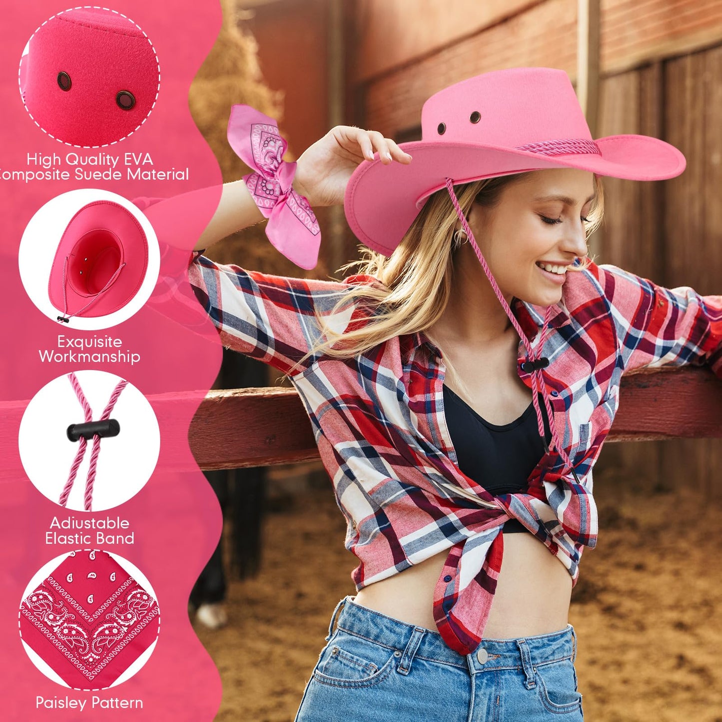 Zhanmai 12 Pcs Cowboy Hat and Bandana Cowboy Cowgirl Hats Bulk Western Party Costume Halloween Accessory (Pink Mix Color,Polyest