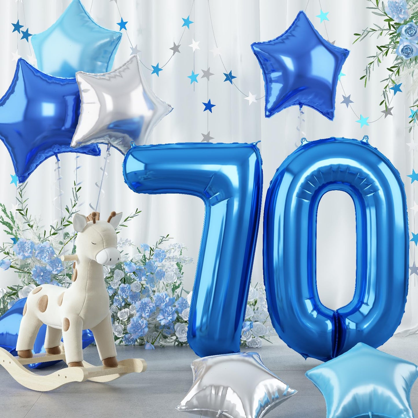 40 Inch Number 70 Balloons For Men, Dark Metallic Blue Large 70Th Birthday Balloon Decor, Silver Light Royal Sky Teal Blue Self