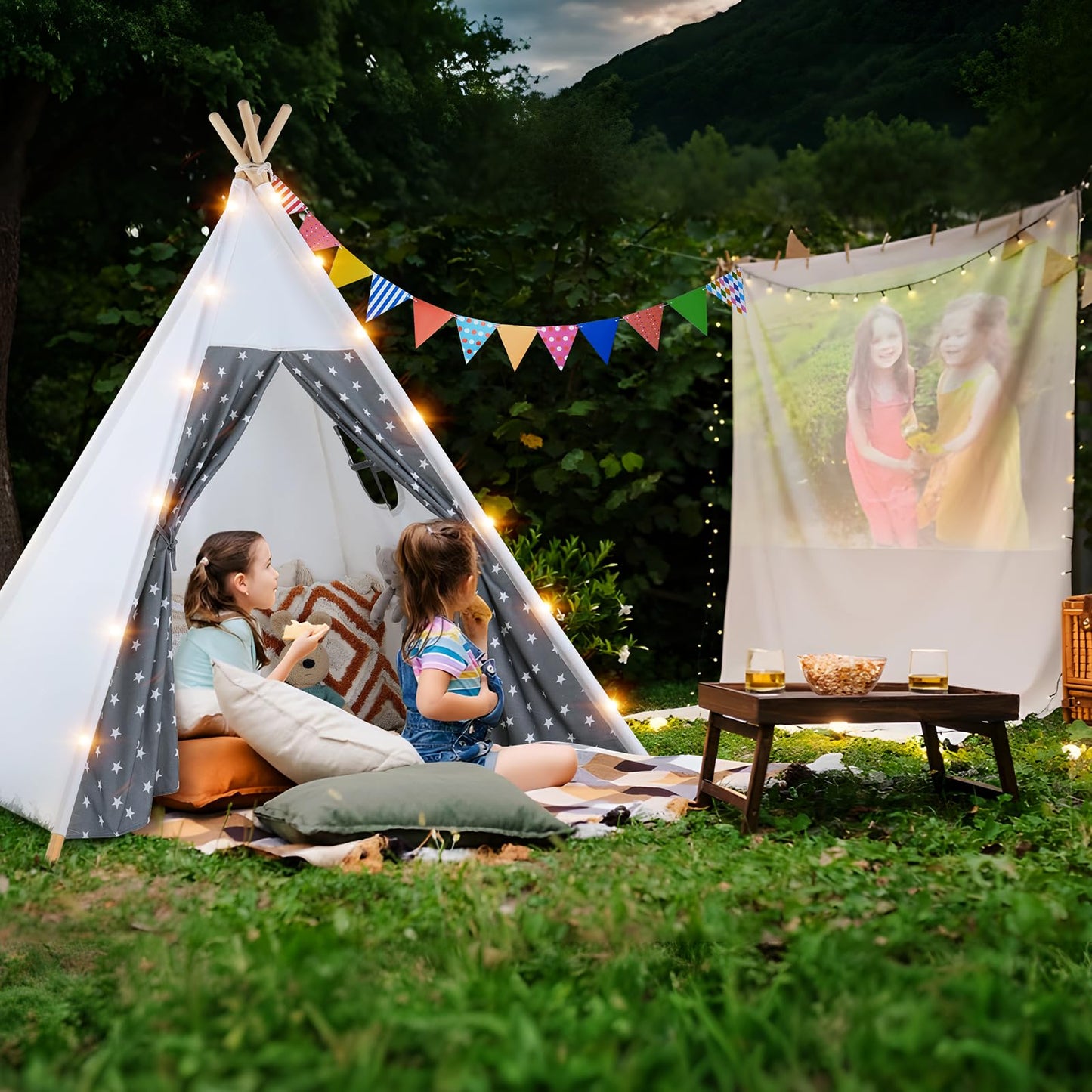 Senodeer Teepee Tent For Kids Indoor - Kids Tee Pee Tent With Light & Flag, Cotton Foldable Toddler Teepee Outdoor, Sleepover Pa