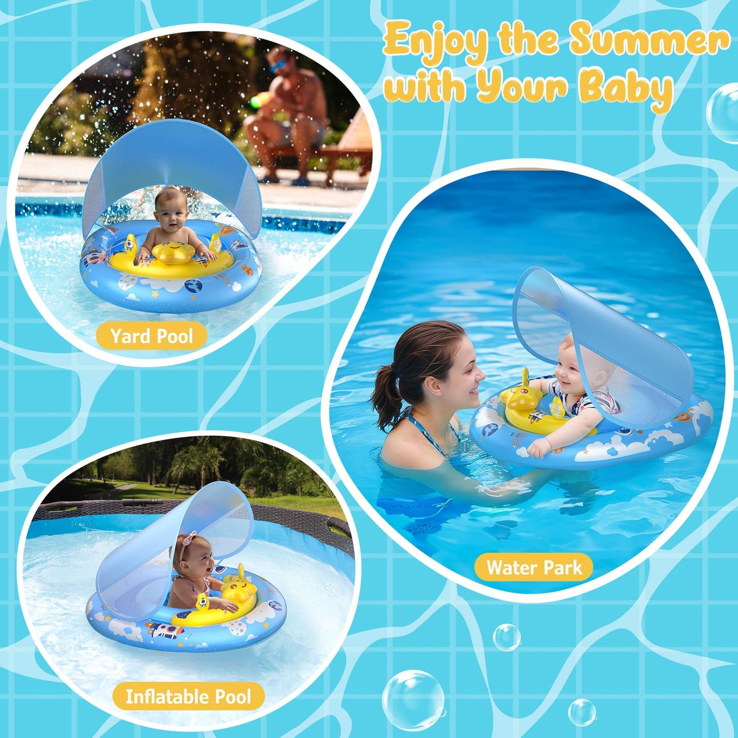 WayEee Baby Pool Float with UPF50+ Canopy, Inflatable Adjustable Seat, 6-36 Months, Blue, Summer Toy for Pool, Bathtub, Beach