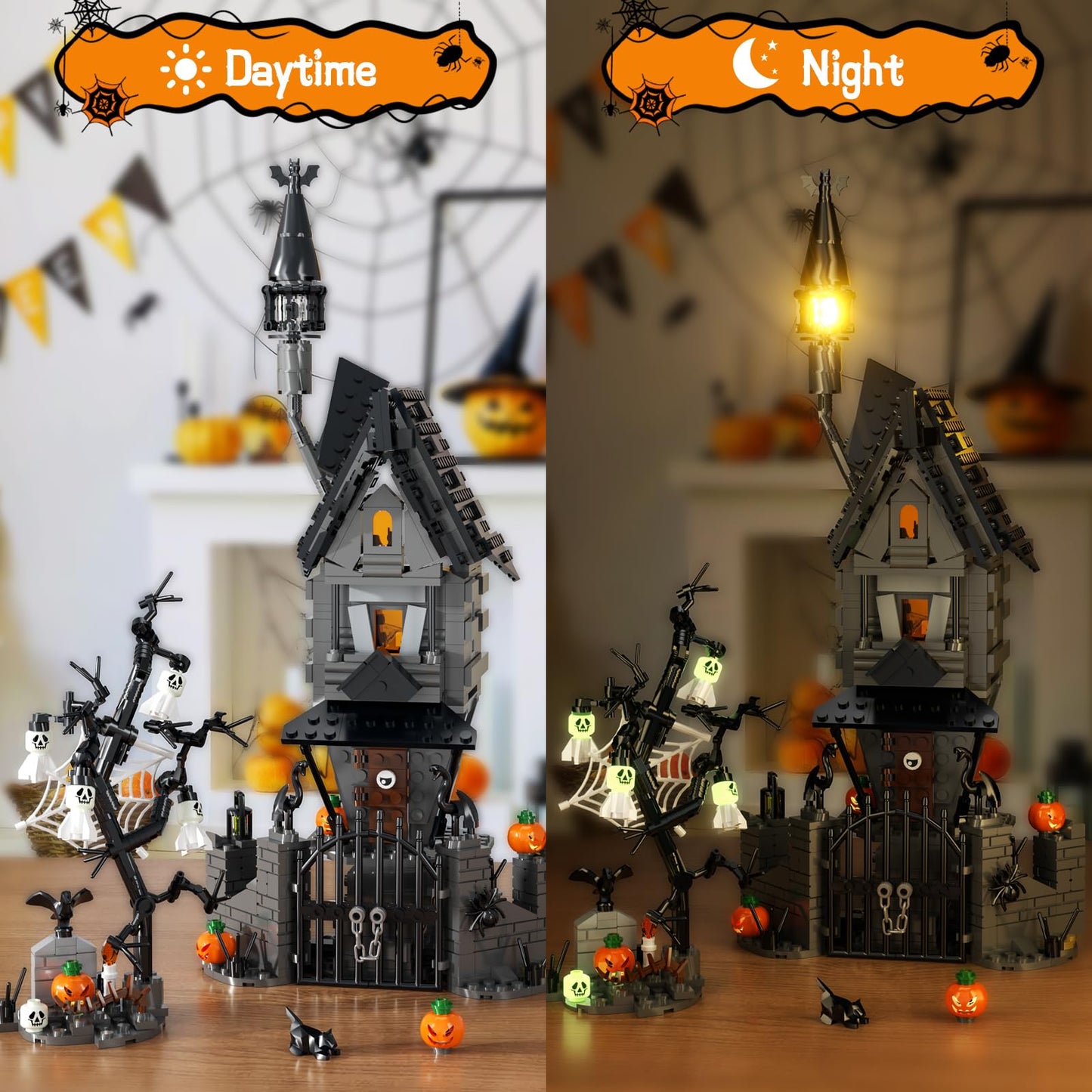 Tweandar Halloween Haunted Mansion Building Set,Before Xmas Haunted House Building Blocks Set With Light, Glow-In-The-Dark Pumpk