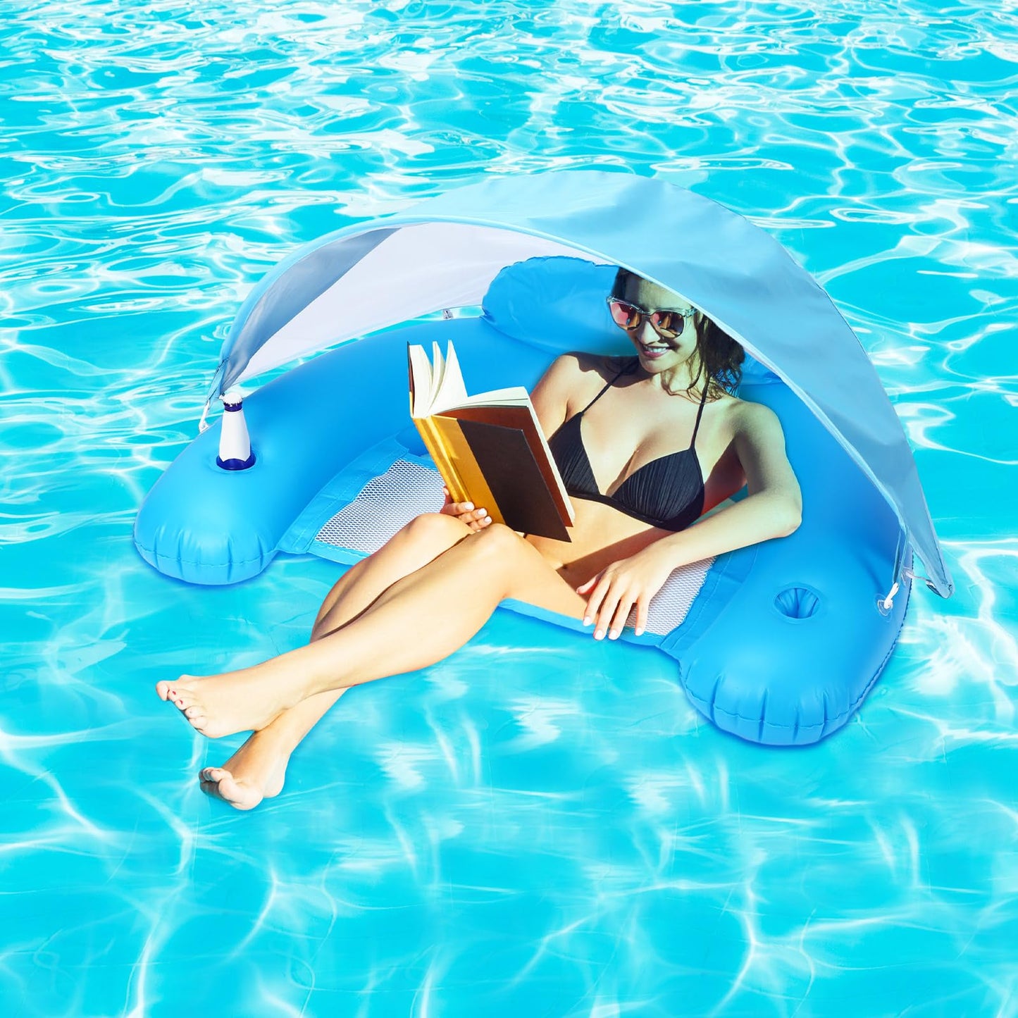 GlikCeil 2 Pcs Large Pool Floats with Canopy for mature-themed  XL Inflatable Floating Chair for Pool Swimming Pool Floats mature-themeds with Adjustable Sun Shade Cup Holder Women Beach Pool Favor(Blue and Pink)