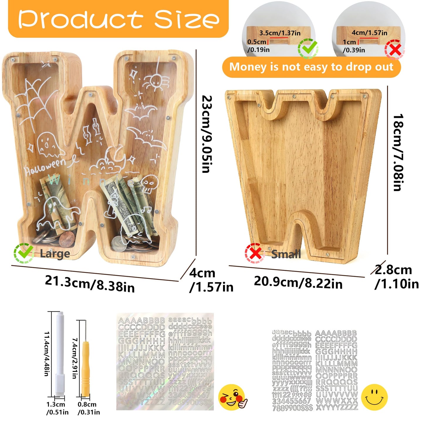 weallbuy Large Letter Piggy Bank for Kids Boys Girls Wooden Personalized Piggy Banks A-Z with Target Area Clear Alphabet Banknote Coin Banks for Gift Decoration Baptism (W)