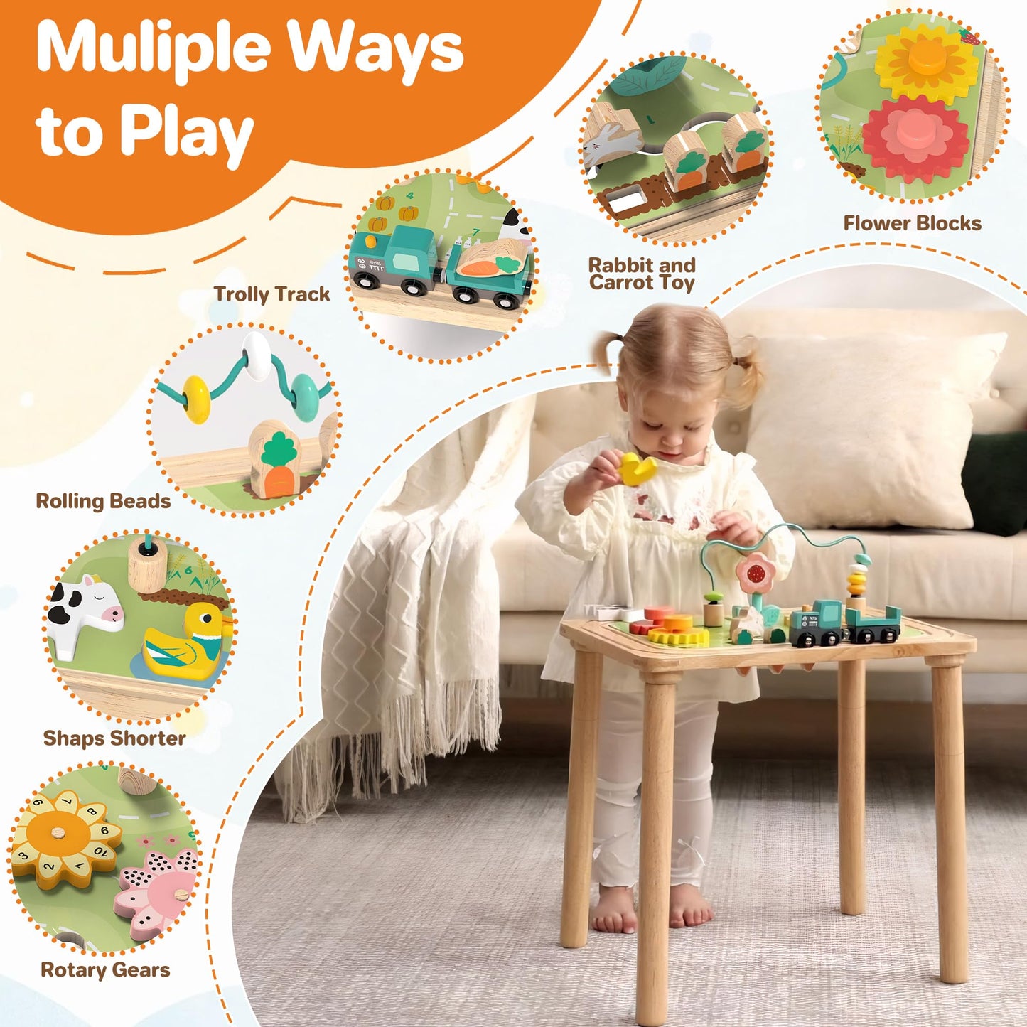 Himold Activity Table for Kids 6-36 Months, 9 in 1 Wooden Montessori Toys with Bead Maze Shape Sorter Train Toy, Baby Sensory Ta