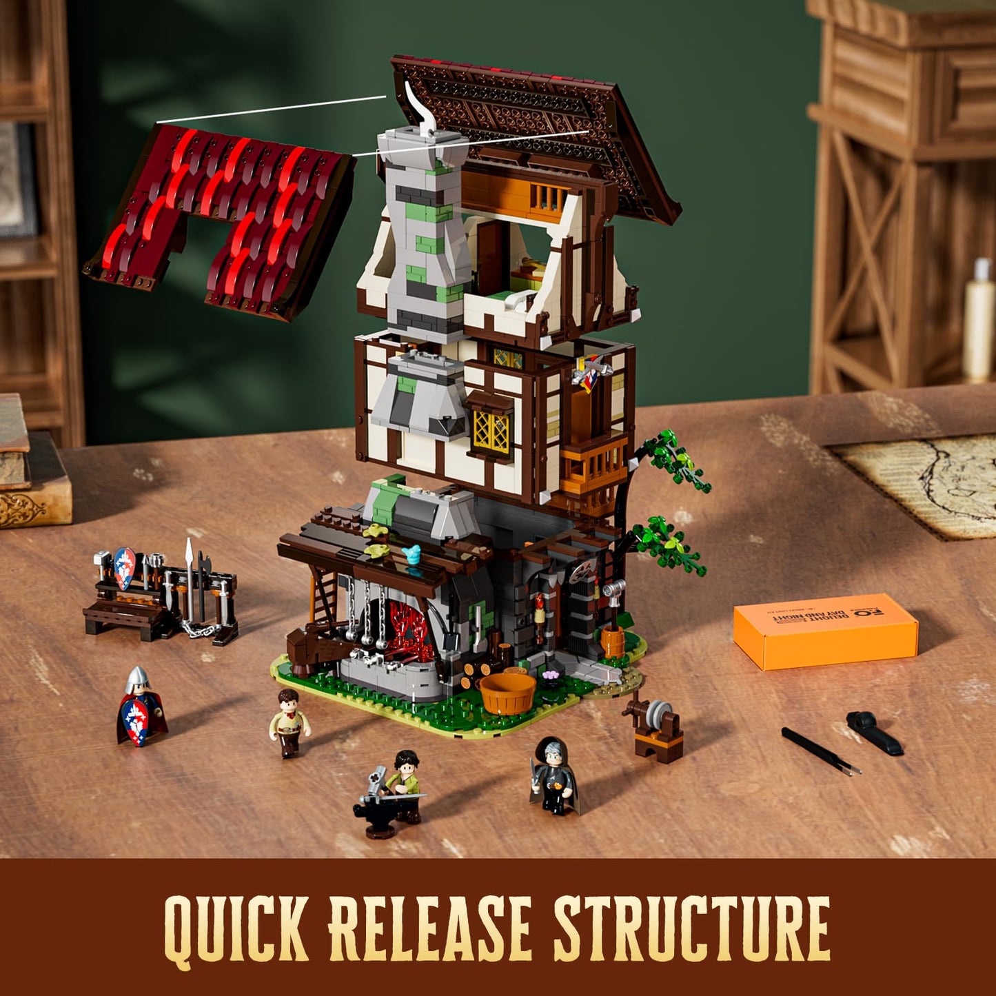 Funwhole Medieval Forge-House Lighting Building-Bricks Set - Blacksmith Kit Collectible Display Led Light Building Sets 1595 Pcs For Adults And Teen