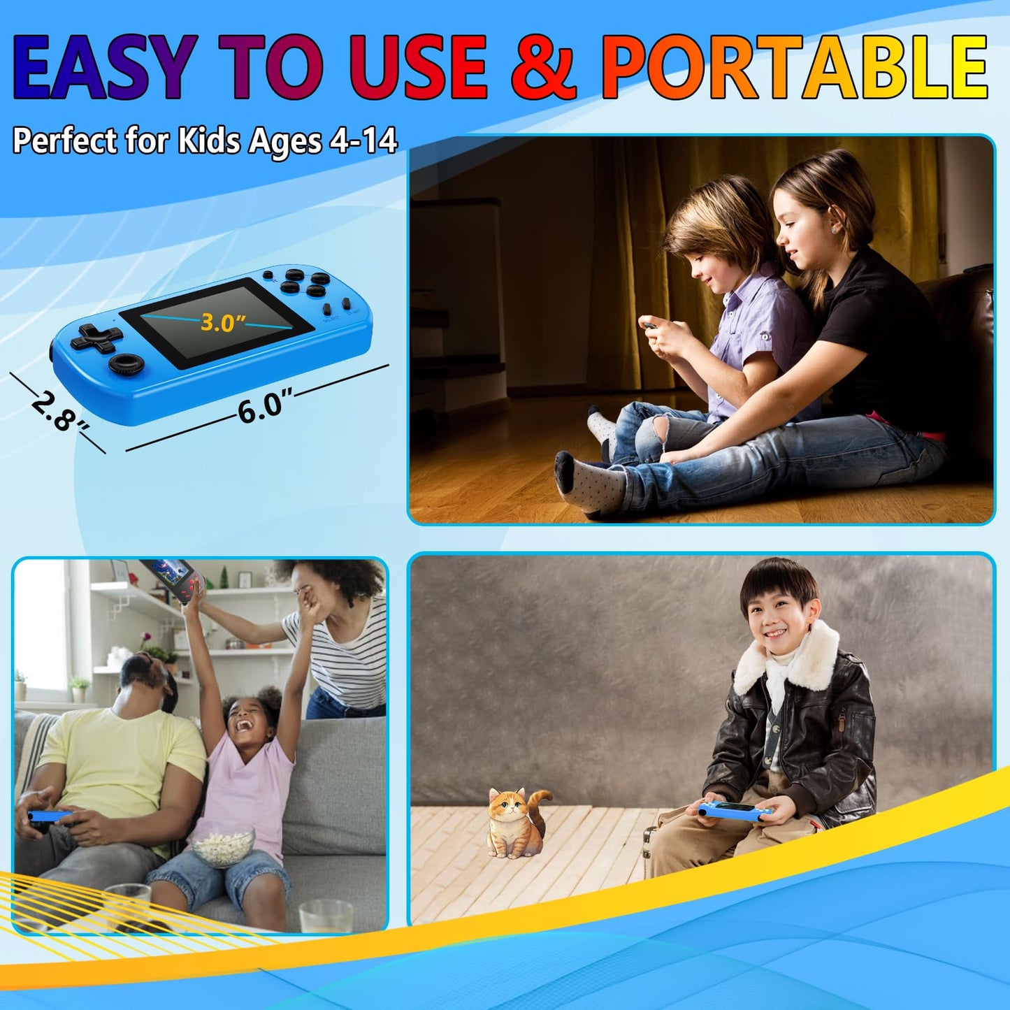 Great Boy Handheld Games For Kids Aldults With 270 Classic Retro Video Game 3.0'' Color Screen Tv Output Rechargeable Arcade Gaming Player,Support 2 Players Gamepad Birthday Xmas Gift(Blue)