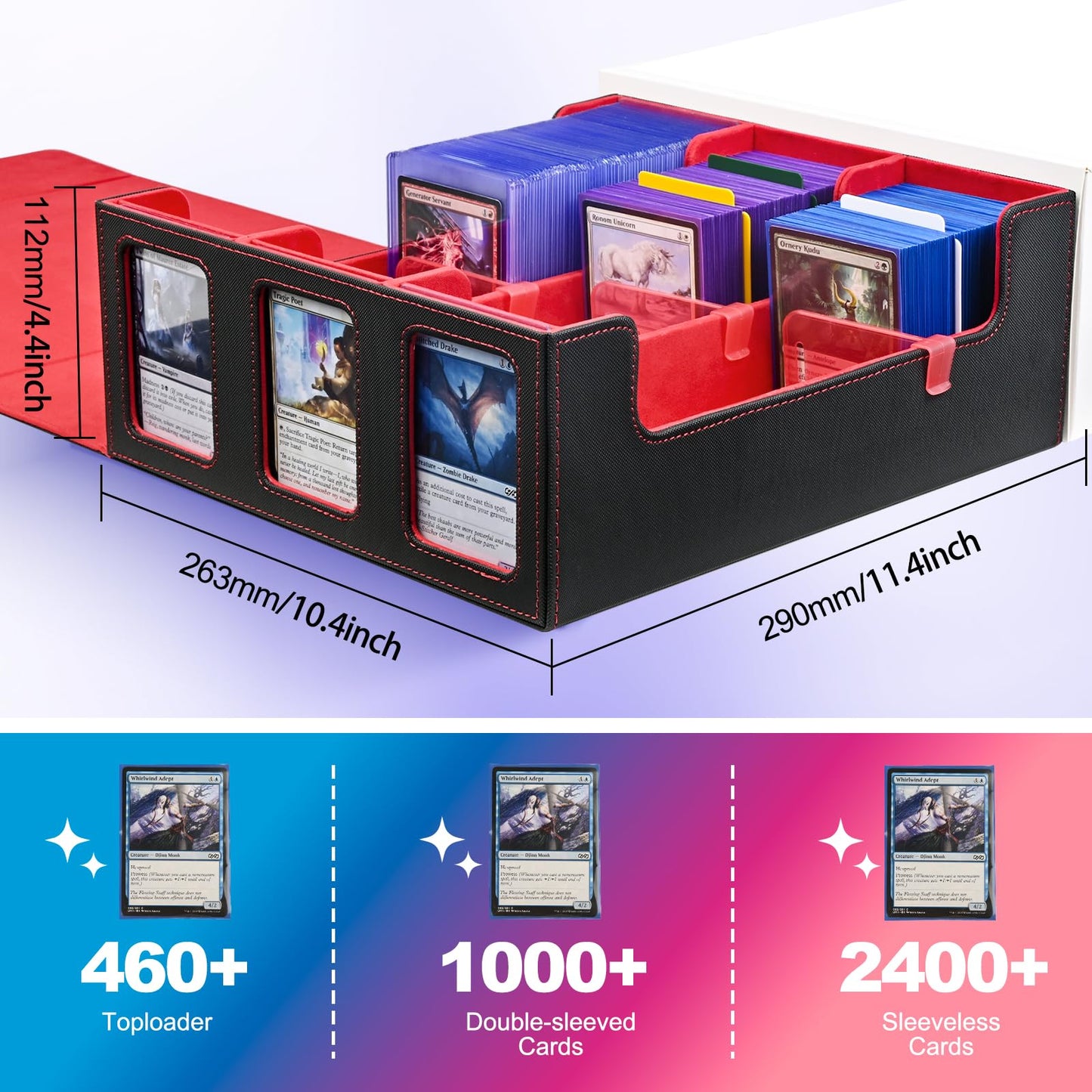 Uaono Card Storage Box For Trading Cards, 1800+ Commander Deck Box For Mtg With Display Window, Toploader Card Case Fits Magic Tcg Ptcg Sports Cards; 10 Removable Divider, 3 Stoppers (Black, Red)