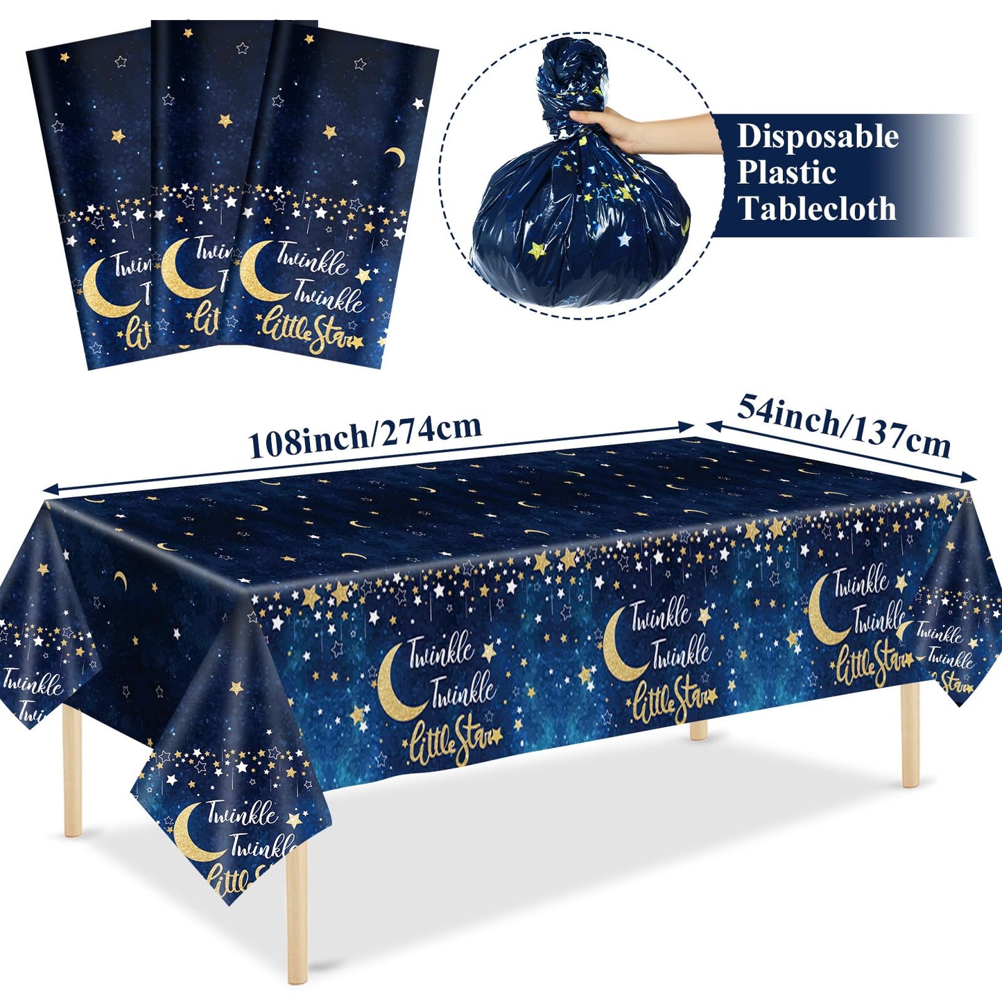 Wiooffen 3Pcs Twinkle Twinkle Little Star Party Tablecloths 108X54 Inch Gender Reveal Birthday Party Plastic Table Cover Baby Sh