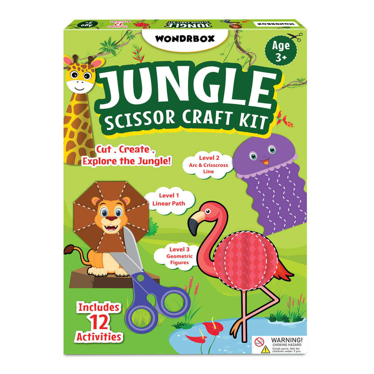 WONDRBOX Scissor Skills Activity Book  Jungle, 12 Fun Cutting & Creative Activities for Preschoolers, 1 ChildSafe Scissors, Fi