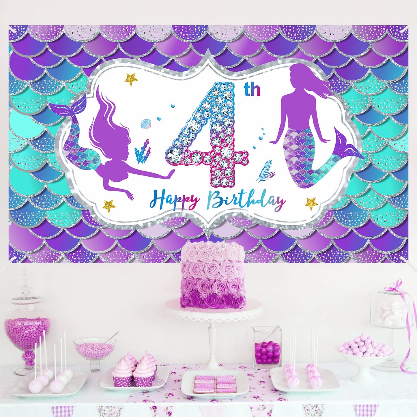 Mermaid 4Th Birthday Banner Decorations For Girls, Little Mermaid Themed Happy 4 Year Old Birthday Background Party Supplies, Un