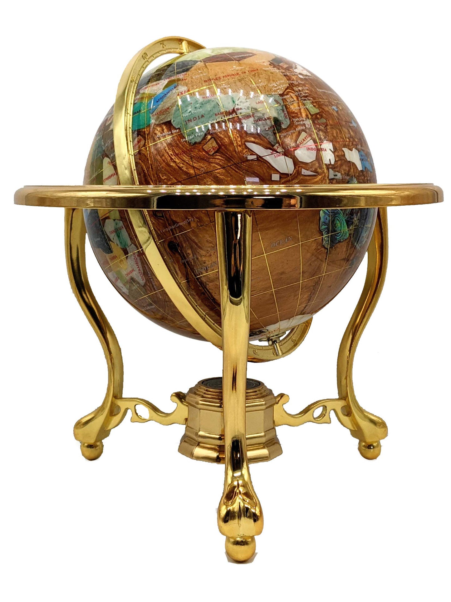 14' Tall Amber Pearl Gold Stand Gem Gemstone World Map Globe Globes Maps
