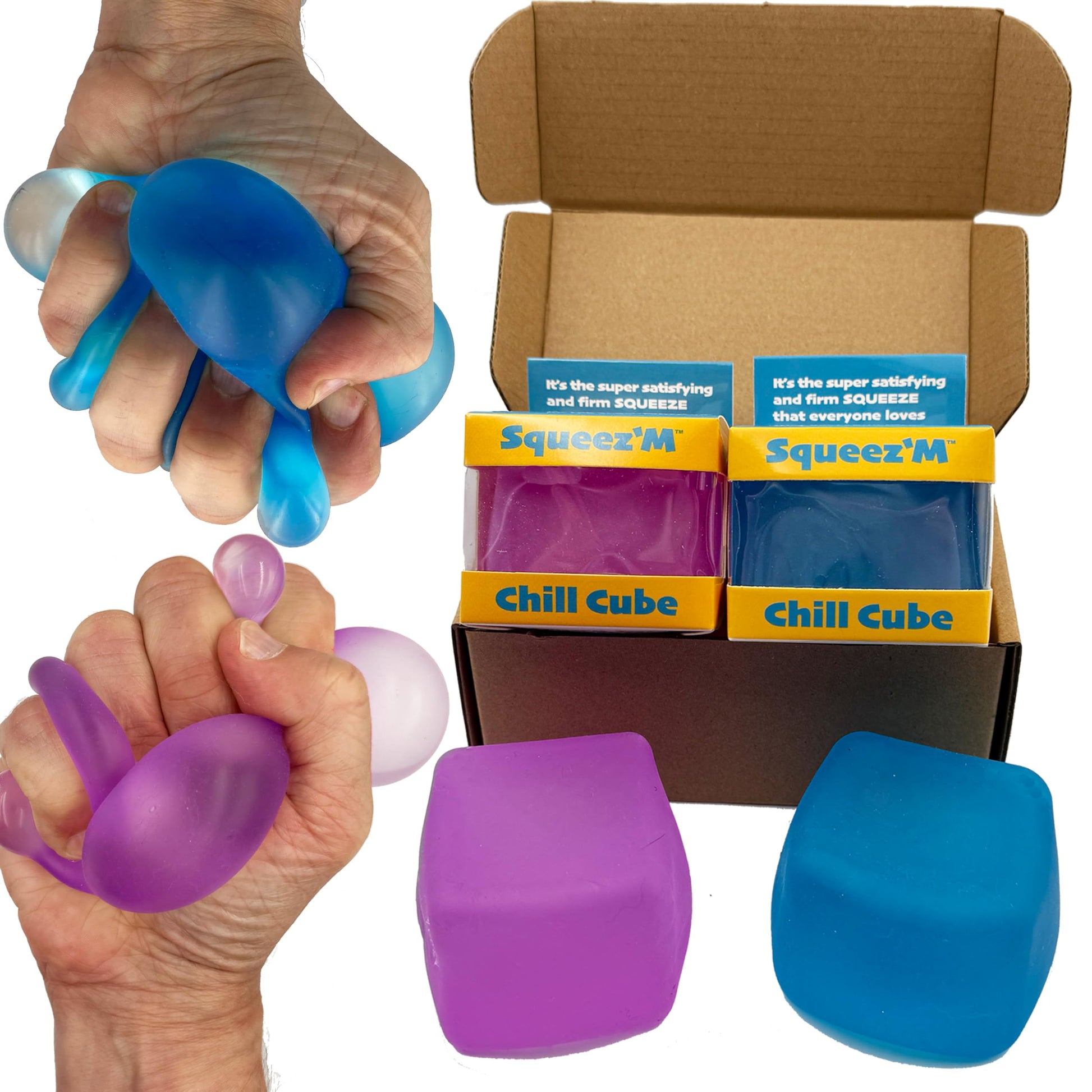 2-Pack enhanced Squeez'M Chill Cubes - Blue & Purple Fidget Sensory Toys for Stress Relief - Soft & Durable for Kids & mature-themeds - Safe  Gift-Ready  and Perfect for Travel (Blue & Purple 2-Pack)
