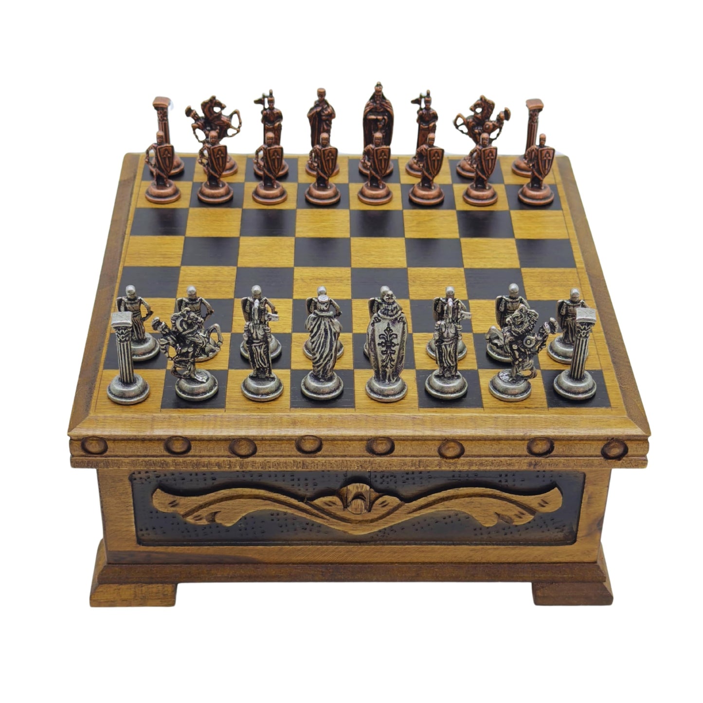 Wooden Chess Set with Storage - Handcrafted Chess Board and British Figure Metal Chess Pieces - Decorative Chess Game for mature-themeds & Kids - enhanced Gift for Family & Friends (Copper Chess Pieces)