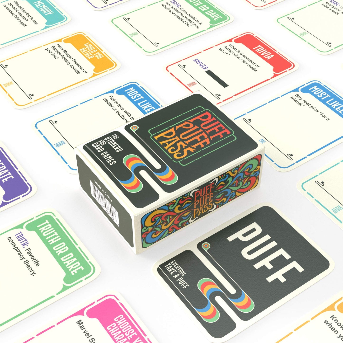 Puff Puff Pass Card Game - 109 Hilarious Trivia & Conversation Starters - Green Paper Edition