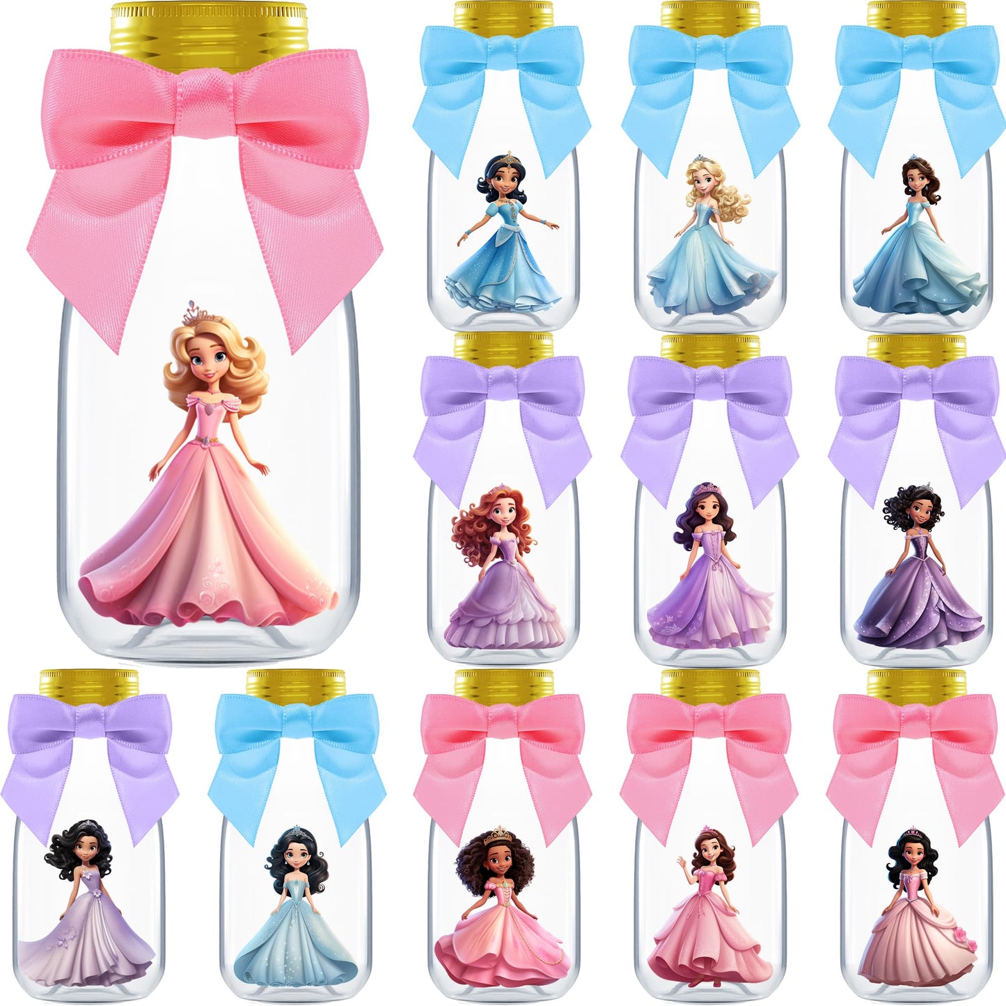 Ethisa 12 Pack Princess Party Favors - Diy Candy Jars With Ribbons And Stickers - Party Decoration Bottles For Birthday, School