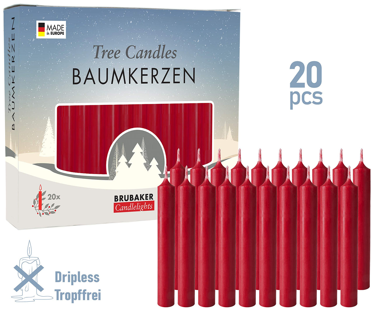 BRUBAKER Tree Candles - Pack of 20 - Dark Red - 3 x  Inches (9.5 x 1.27cm) - Made in Europe - Pyramids, Carousels & Chimes