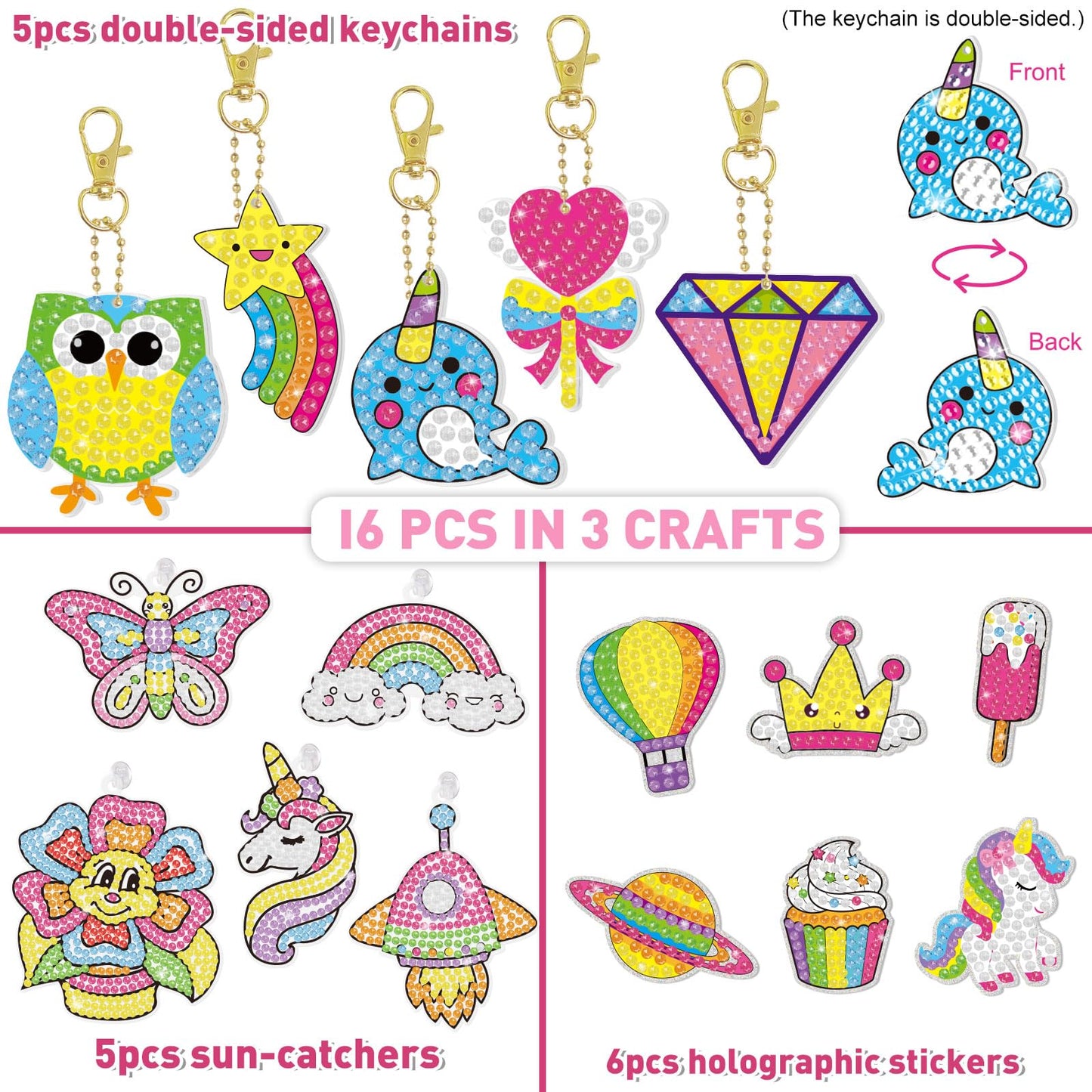 BANBBUR 16 Pcs Gem Art for Kids Age 4-8 8-12,Kids Crafts 5D Gem Diamond Art Kit with 5 Suncatchers/5 Keychains/6 Magical Sticker