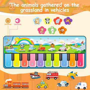 Fuceoruy Piano Mat Musical Toys For Toddlers 1-3, Sensory Learning Toy Floor Piano Playmat With 7 Animal Sound, 7 Transportation Sound & 10 Built-In Music, Birthday Gift For 1 2 3 Year Old Boys Girls