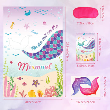 Hooqict Pin The Tail On The Mermaid Birthday Party Game Under The Sea Party Games Mermaid Games Favors For Kids Mermaid Birthday Supplies Decorations, Large Mermaid Poster With 32 Tail Stickers