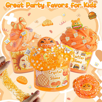6 Packs Gradient Orange Slime Kit - Cloud Slime, Butter Slime & Clear Slime, Crunchy Slime For Kids With Various Slime Add-Ins, Non Stick Slime Party Favors For Girls And Boys, 360Ml Kids Slime(Bread)