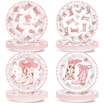 Wiooffen 48 PCS Coquette Bow Cowgirl Paper Plates Cowgirl Pink Bow Party Dessert Dinner Plates Western Coquette Party Tableware 
