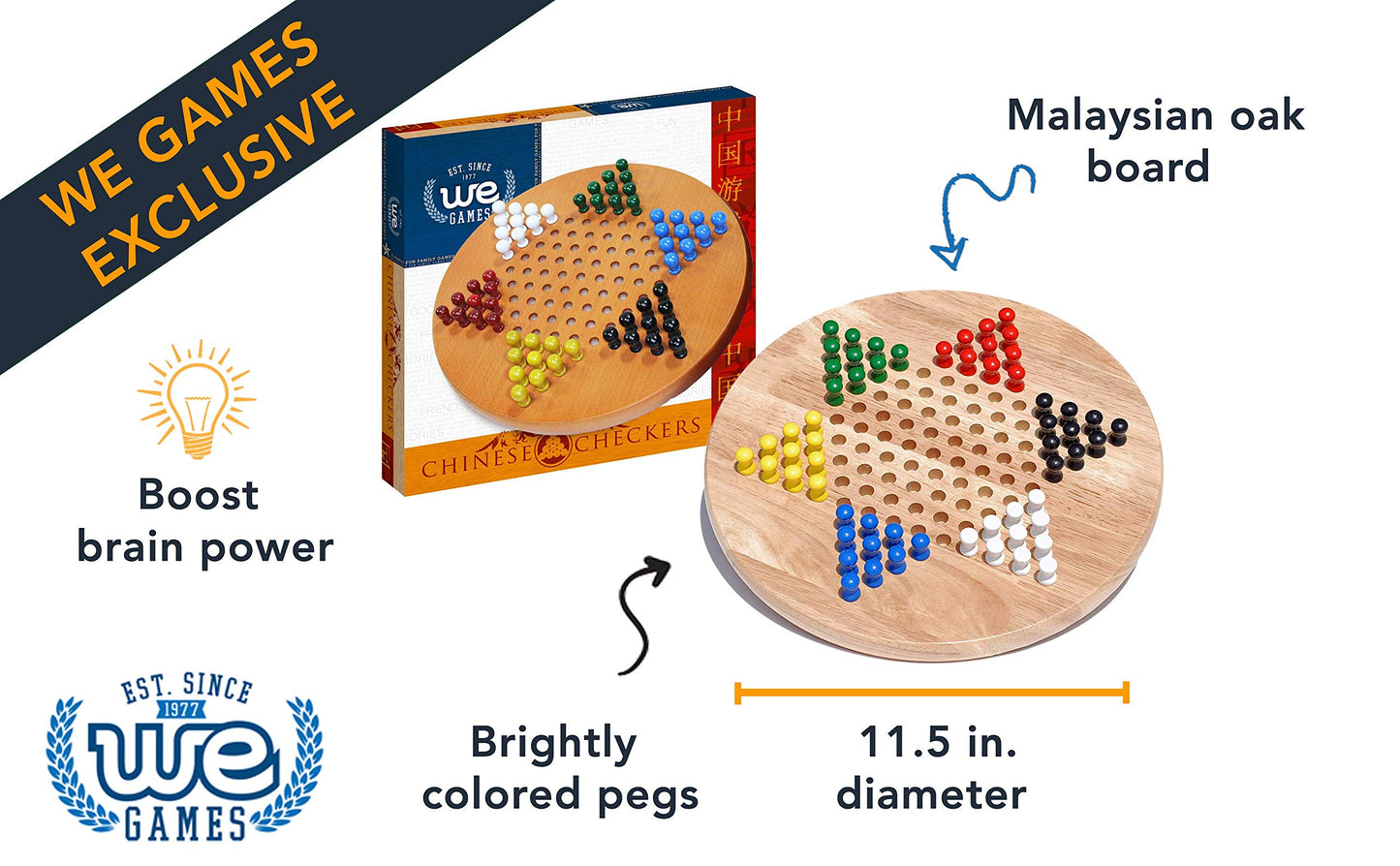 WE Games Solid Wood Chinese Checkers Board Game, 11.5 in for 6 Players, Multicolor, Model 493111