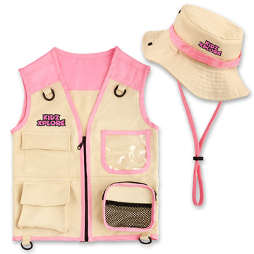Kidz Xplore Outdoor Adventure Kit For Young Kids - Cargo Vest And Hat Set Backyard Explorer Safari Costume And Dress Up For Park Ranger, Paleontologist, Zoo Keeper Kid And Scavenger Hunt (Pink)