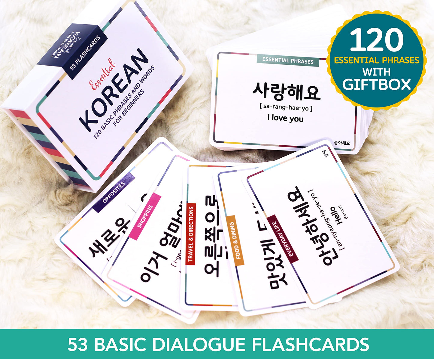 Stellarsol Korean Basic Dialogue Flashcards - 120 Basic Phrases/Words With Gift Box [New Edition]