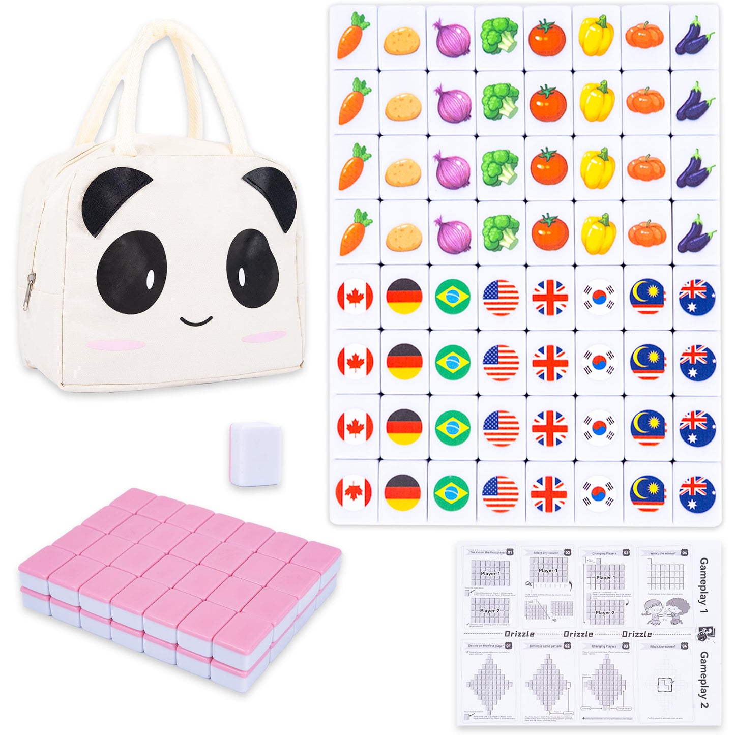 Drizzle 65 Tiles Seaside Escape Blocks Game 30Mm - Instruction Manual Panda Bag - National Flag & Vegetables Patterns