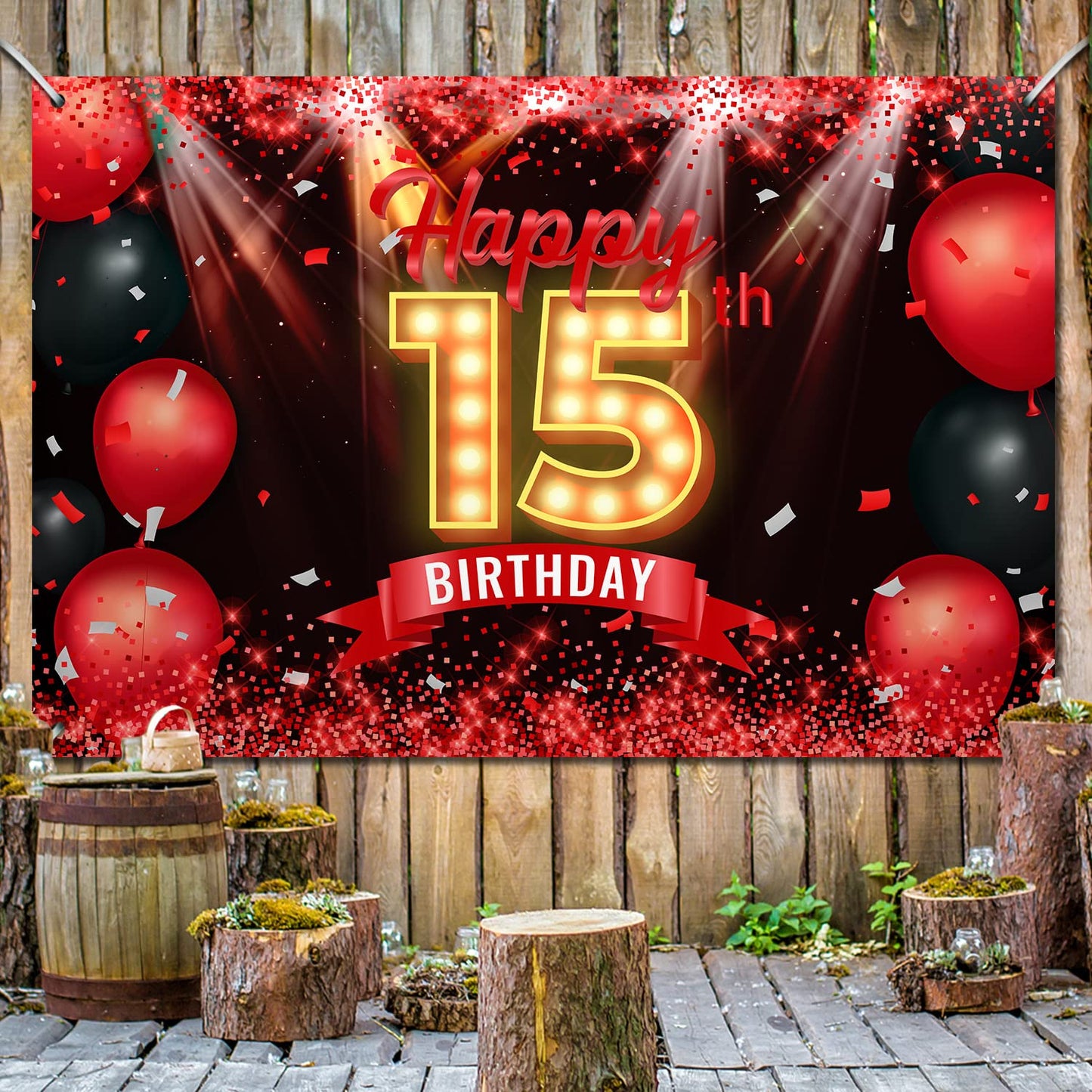 Happy 15th Birthday Banner Backdrop Red and Black 15 Years Old Background Bday Decorations for Girls Boys Photography Party Supp