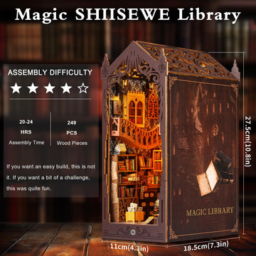 SHIISEWE Book Nook, DIY Book Nook Kits for Adults, Magic Library 3D Wooden Puzzle Bookend Bookshelf Insert Decor with LED Light,