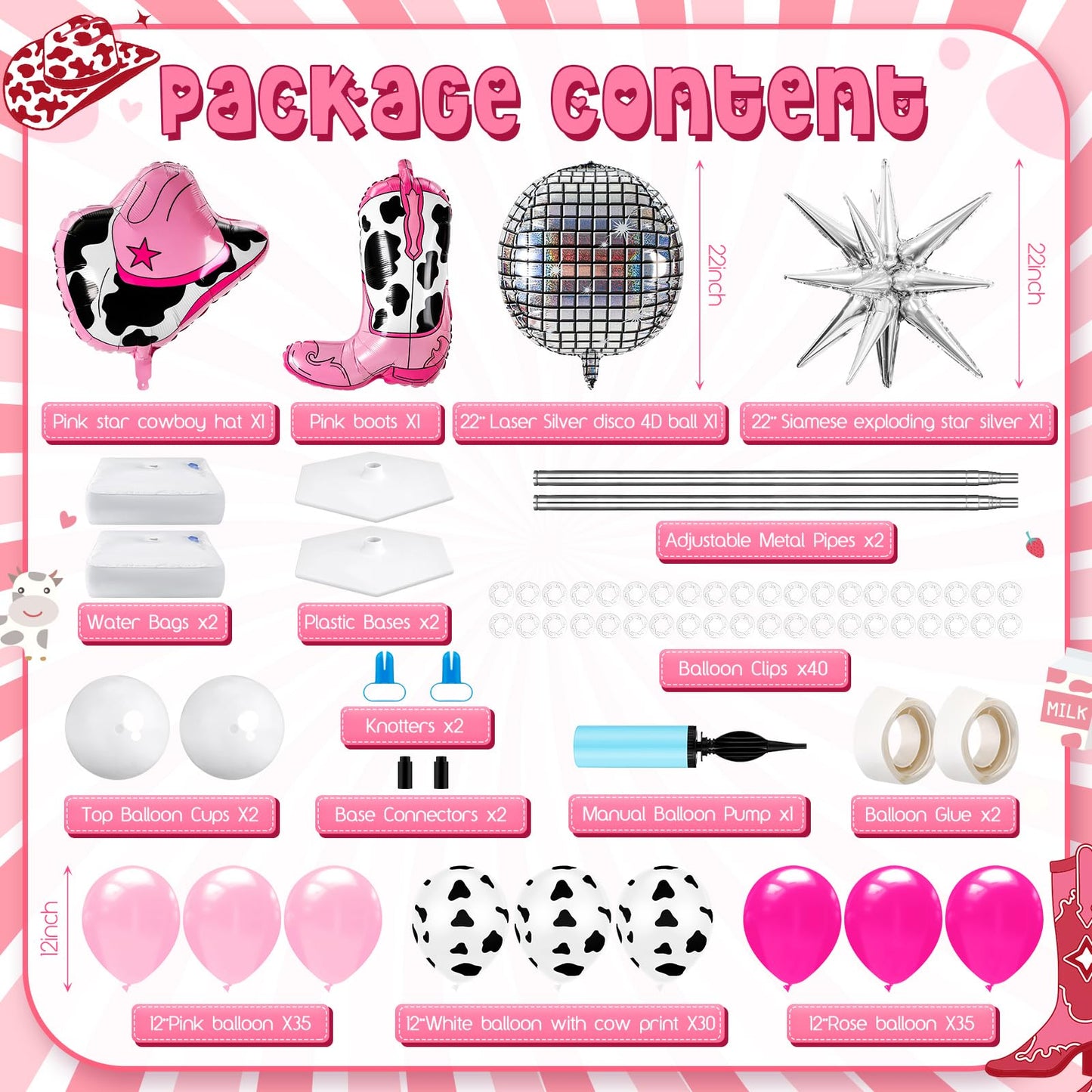 Kasyat Disco Cowgirl Balloon Column Kit - Hot Pink & Silver, Includes 4D Hat, Boots, and Balloons, Model AU-Kasyat-1775 for Birthday Parties