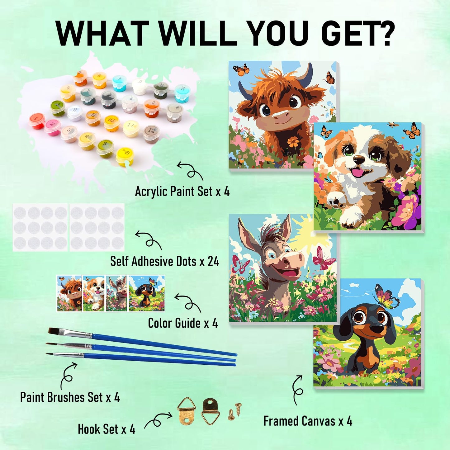 HEIBAGO 4 Pack Paint by Number for Kids Framed Canvas, Cute Animals Paint by Numbers for Kids Ages 8-12, Paint by Numbers Kit Ch