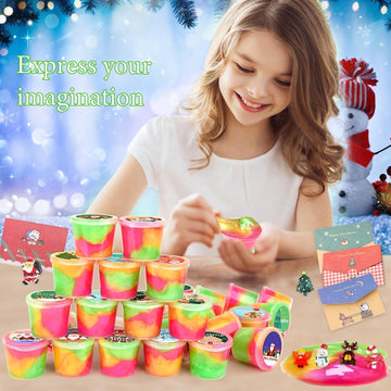 25 Pack Christmas Slime Party Favors For Kids, Galaxy Slime Bulk Diy Stress Relief Putty Toy With A Beautiful Card And Fun Slime