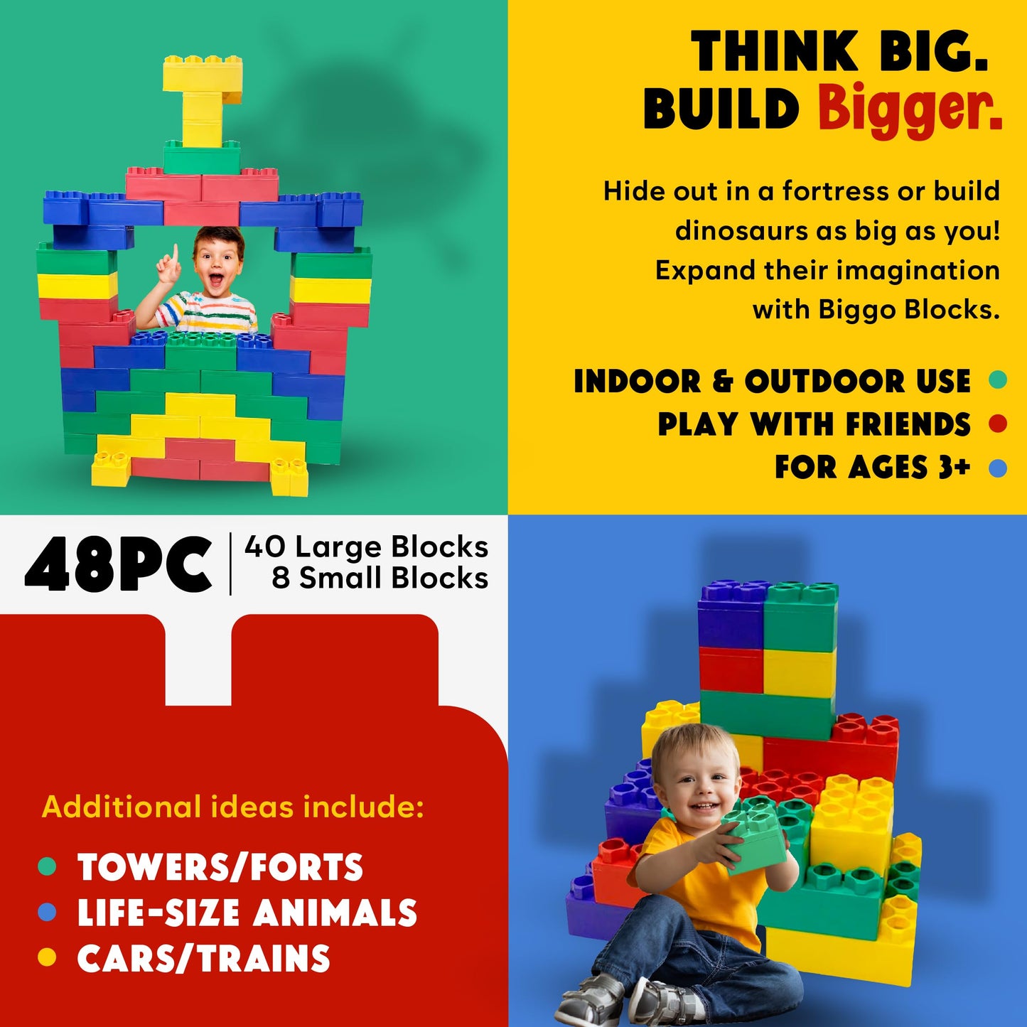 Biggoblocks Big Blocks For Kids Ages 4-8 - Indoor & Outdoor Blocks For Kids Games - Large Building Blocks (48 Pc) Learner Set