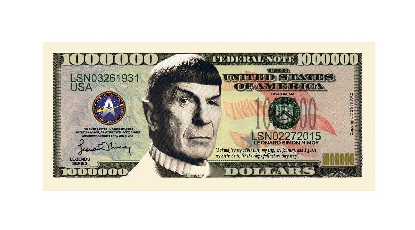 Set of 5 - Leonard Nimoy Star Trek Spock Collectible Million Dollar Bill