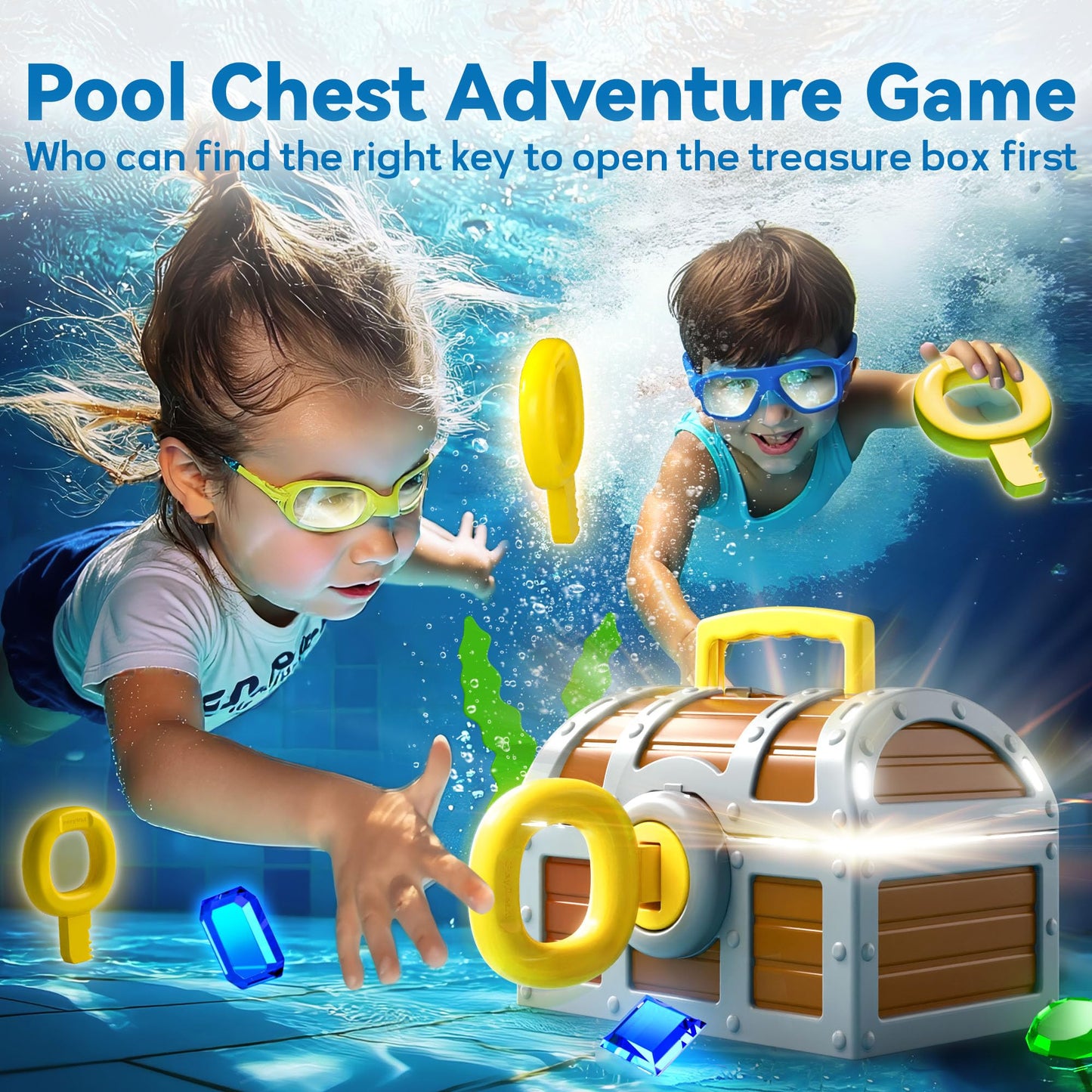 Pool Wave Kids Diving Pool Toy, Large Treasure Chest Water Dive Game W/Keys Gems Fish, Toddler Outdoor Swimming Treasure Box Pla