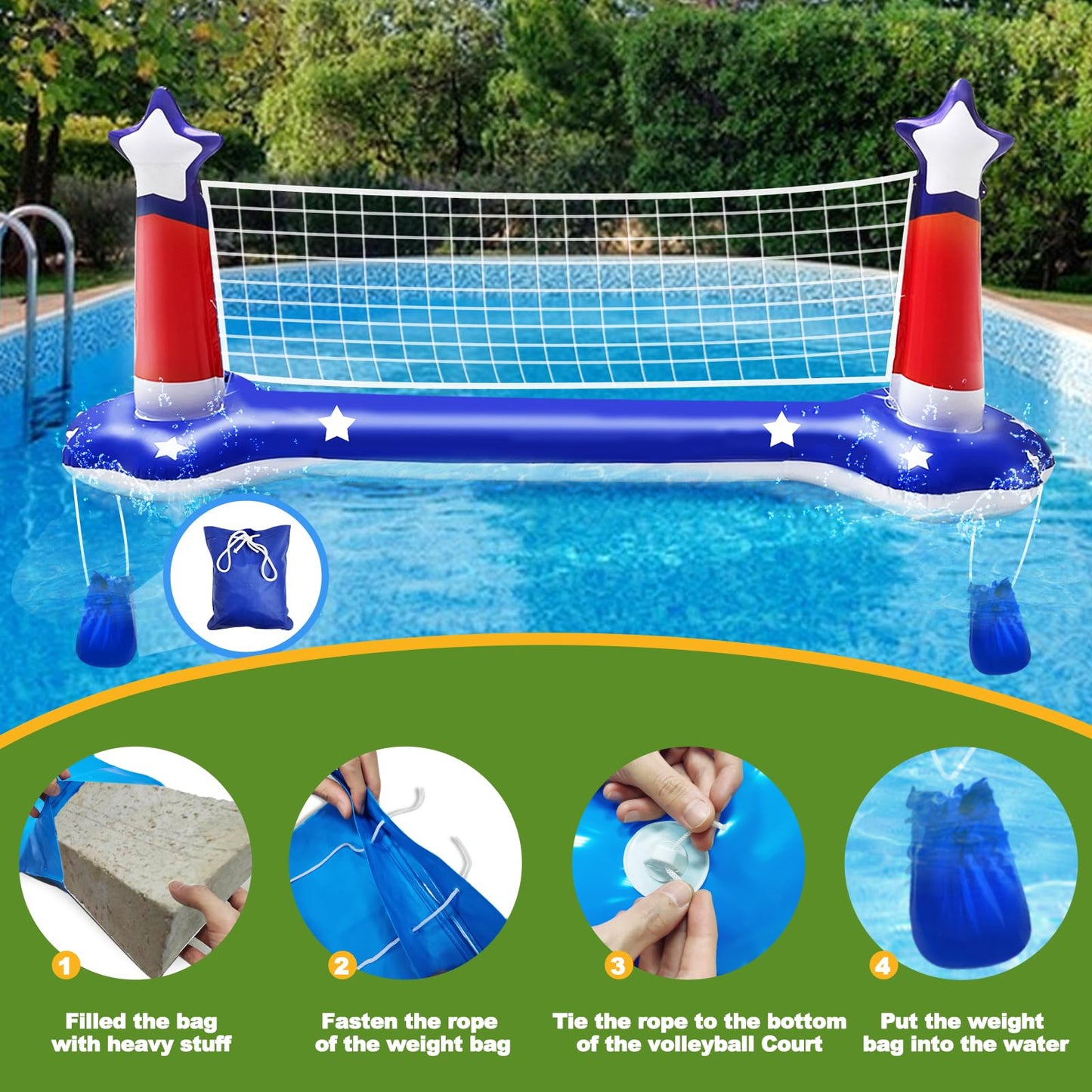 Pool Volleyball Net & Basketball Hoop & Ring Toss, 3-In-1 Large Inflatable Pool Games Set With 2 Balls 6 Rings American Flag Flo