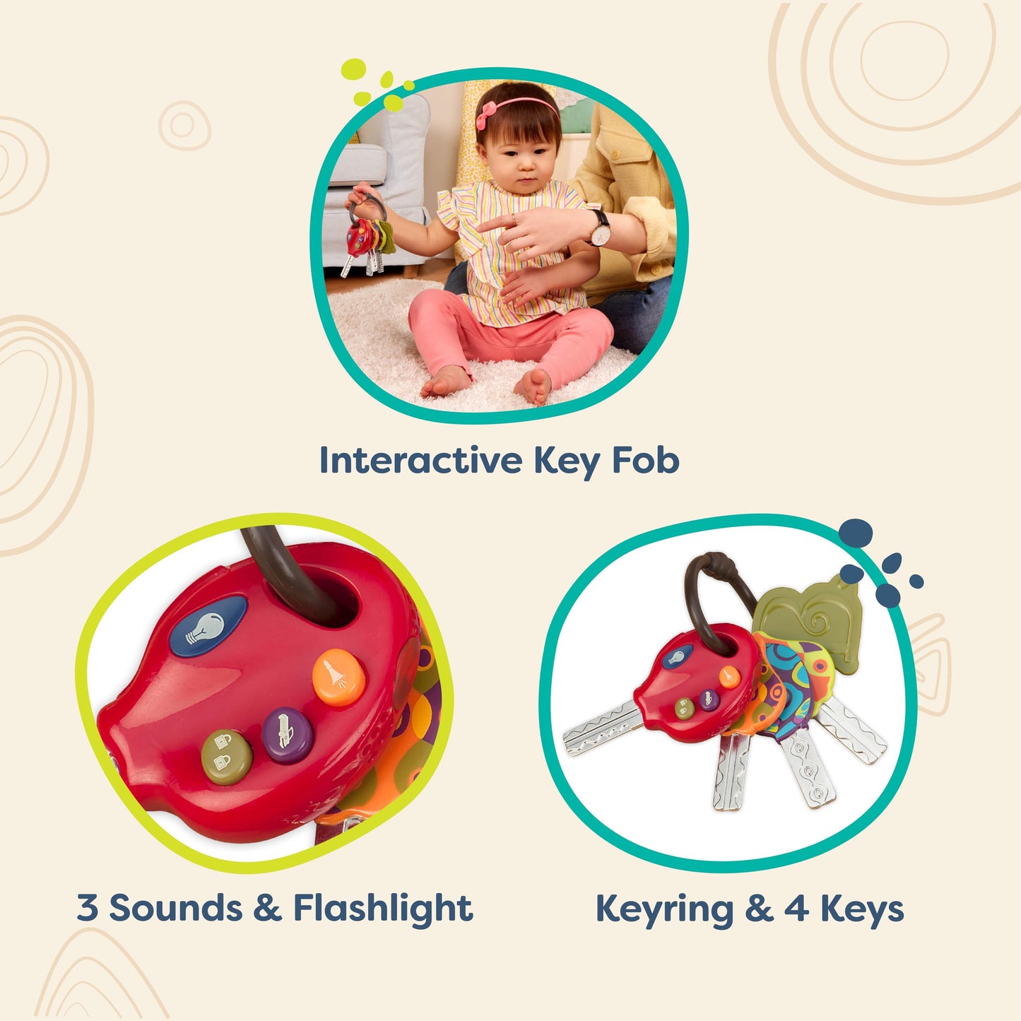 B Toys- Luckeys- Pretend Play Keys- 4 Textured Toy Keys For Babies & Toddlers - Flashlight & Car Sounds- 10 Months +